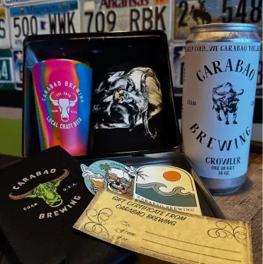 Carabao merch: a pint glass, crowler, koozie and gift certificate (Instagram, opens in a new tab)