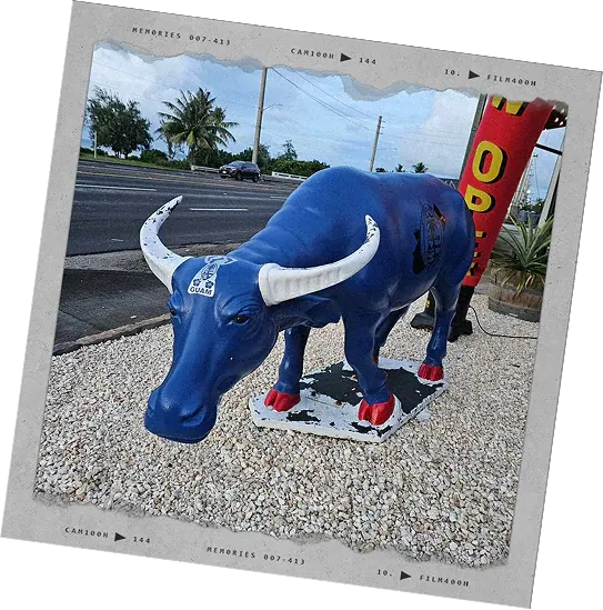 A blue carabao statue outside the taproom